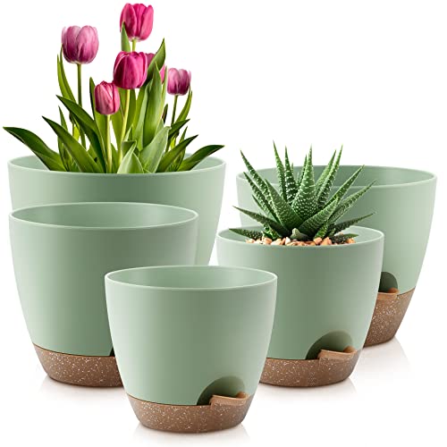 Qrrica Plant Pots 10/9/8/7.5/7 Inch Self Watering Pots, Set of 5 Plastic Planters With Drainage Holes and Saucers,plastic Flower Pots,nursery Planting Pot for Indoor Out Door Plants&amp;#65288;green&amp;#65289;