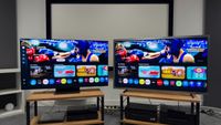 The 55-inch Samsung S99H and S95H OLED TVs, picture side by side on wooden racks