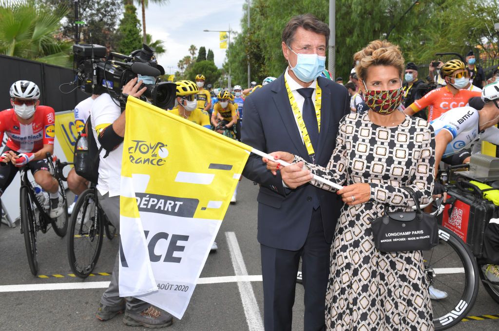 NICE FRANCE AUGUST 29 Start Christian Estrosi of France Mayor of Nice and his wife Laura Tenoudji of France Mask Covid safety measures during the 107th Tour de France 2020 Stage 1 a 156km stage from Nice Moyen Pays to Nice TDF2020 LeTour on August 29 2020 in Nice France Photo by Tim de WaeleGetty Images