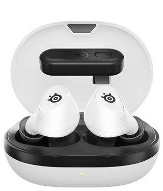 White SteelSeries Arctis GameBuds on a white background