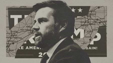 Photo composite of J.D. Vance, a map of Ohio and a Trump 2024 campaign banner