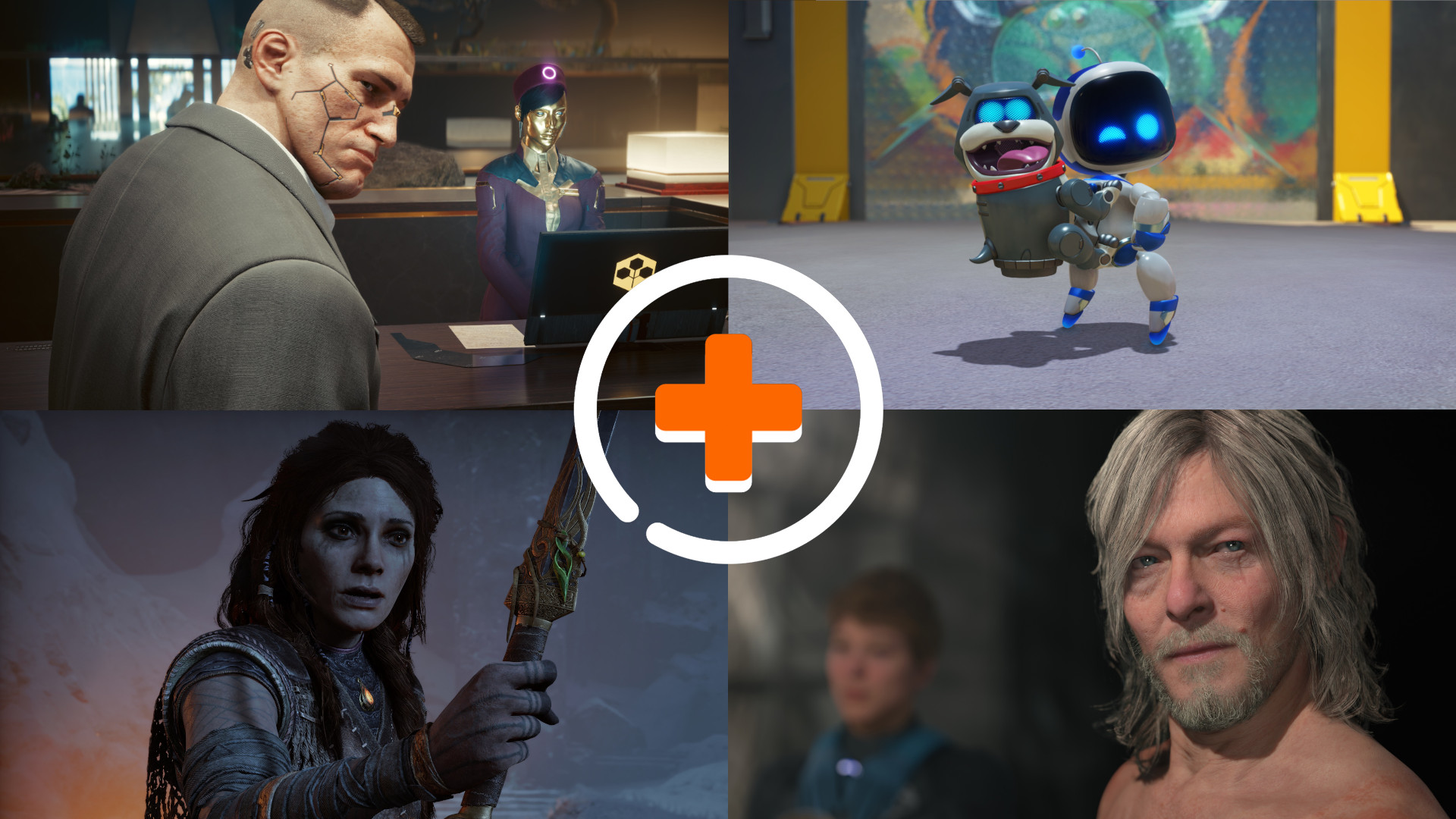The best PS5 games banner image Cyberpunk 2077, Astro Bot, God of War Ragnarok, and Death Stranding 2: On the Beach