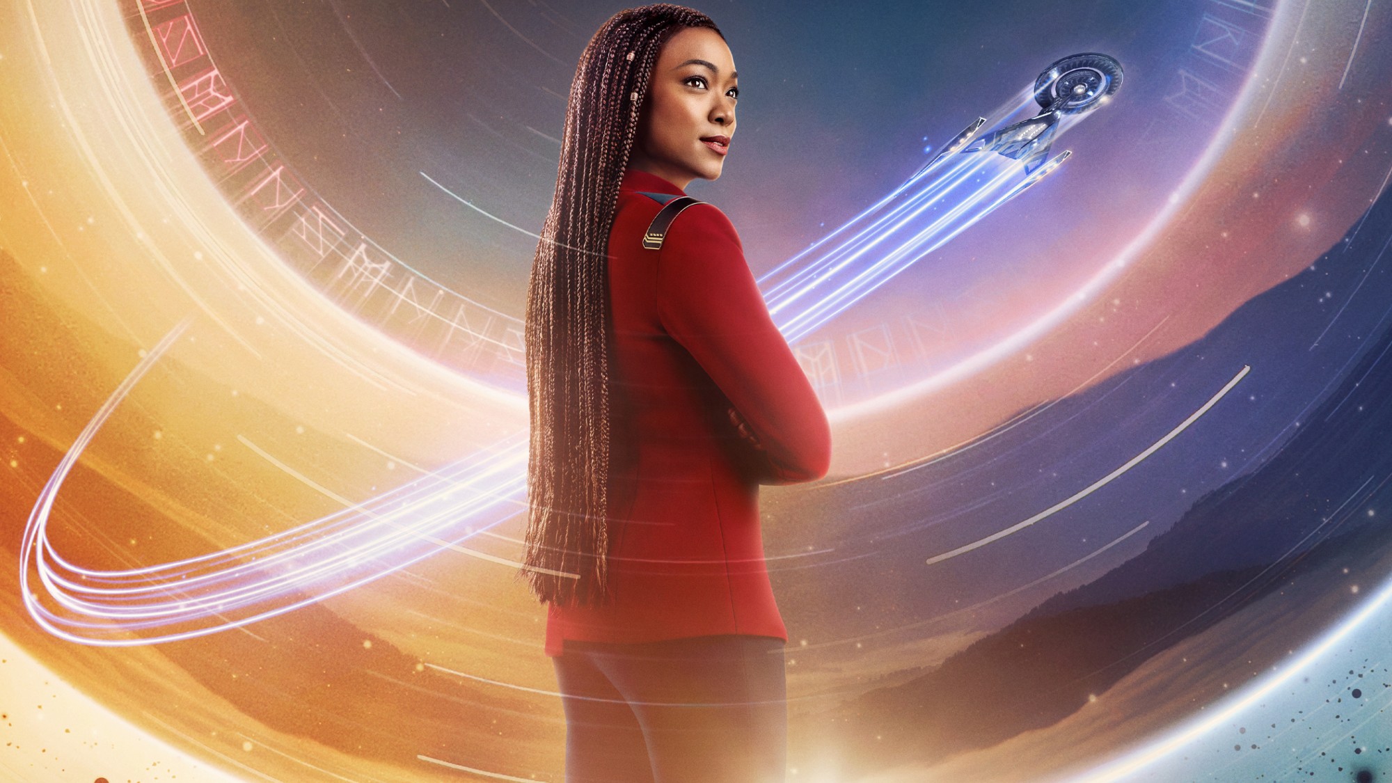 Captain Michael Burnham looking onward as the Discovery races across the stars in the background. 
