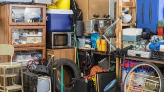 Clutter in a garage in an untidy mess