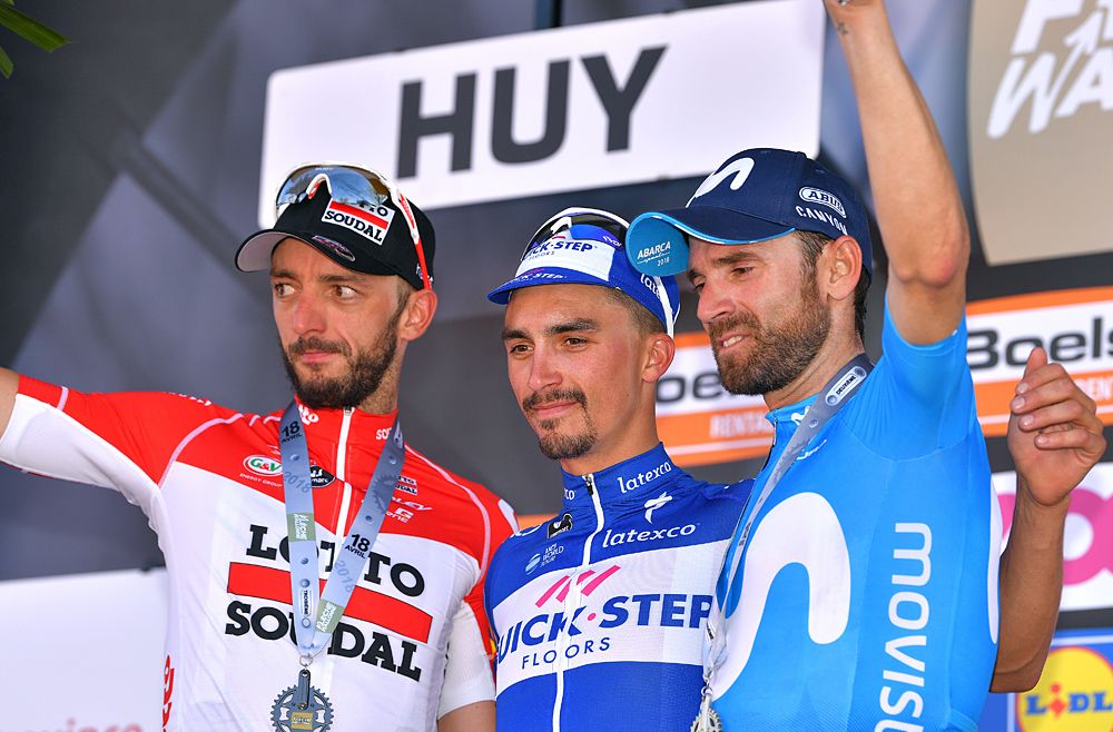 Julian Alaphilippe (Quick-Step Floors) wins La Fl&egrave;che Wallonne, Alejandro Valverde (Movistar) second and Jelle Vanendert (Lotto Soudal)