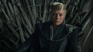 Emma D'Arcy as Rhaenyra Targaryen on the Iron Throne in House of the Dragon season 3