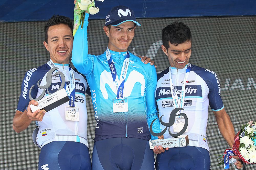 Cristhian Montoya (Medellin), Winner Anacona (Movistar Team) and Cesar Paredes (Medellin) on the San Juan stage 5 podium