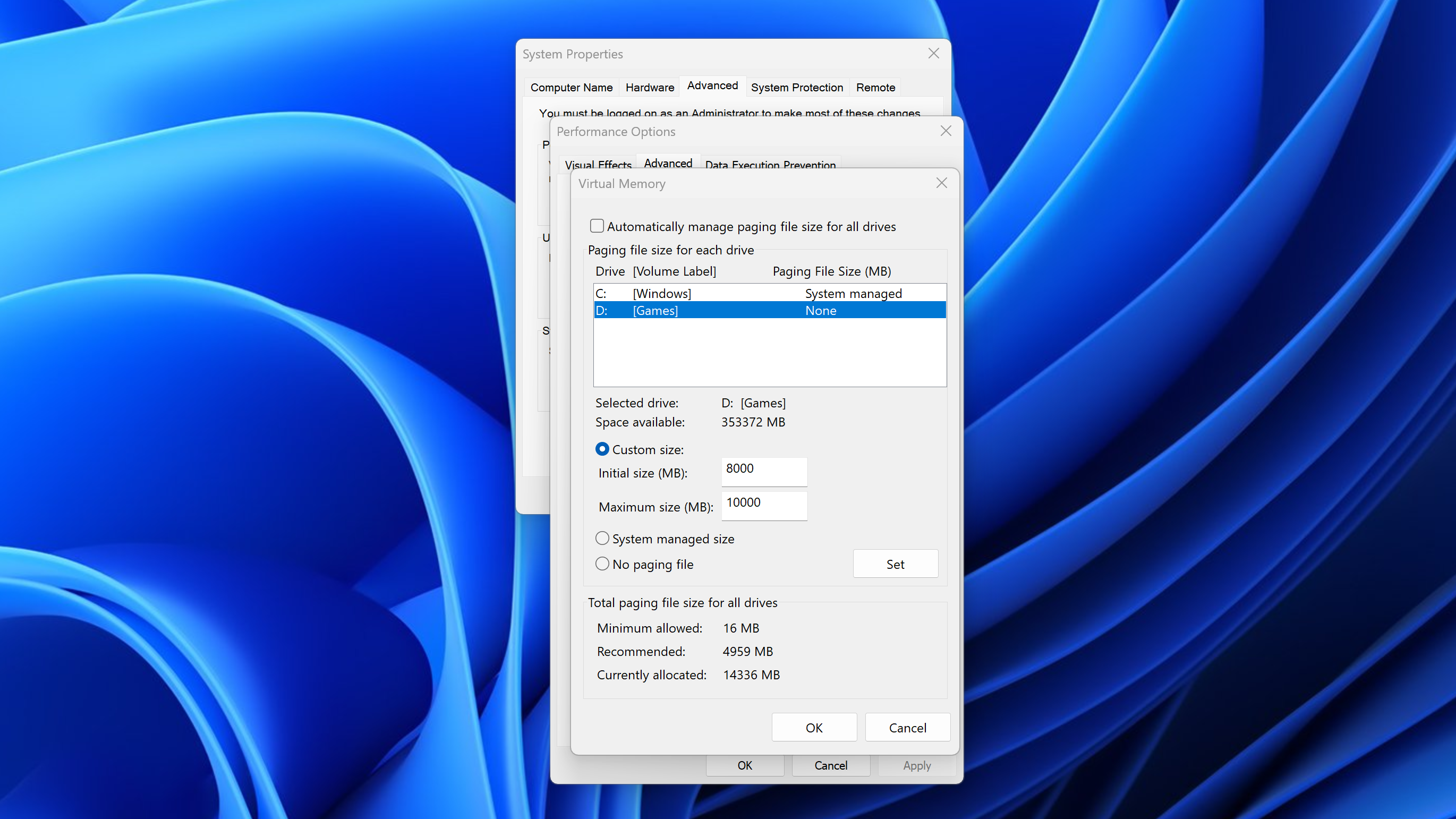 Windows 11 screenshot showing how to use virtual memory