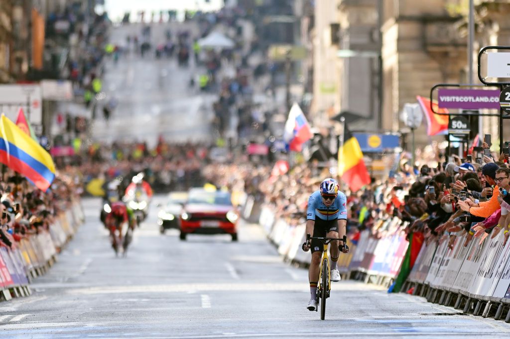 Wout Van Aert of Belgium crosses the finish line for the silver medal