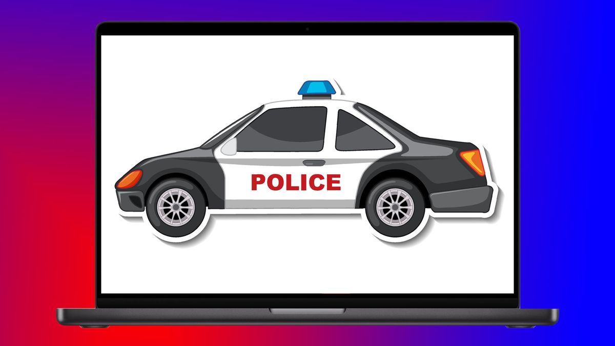 Apple MacBook Pro displaying a cartoon police car image