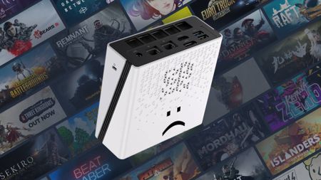 White "Steam Machine clone" with Steam game artwork backdrop.