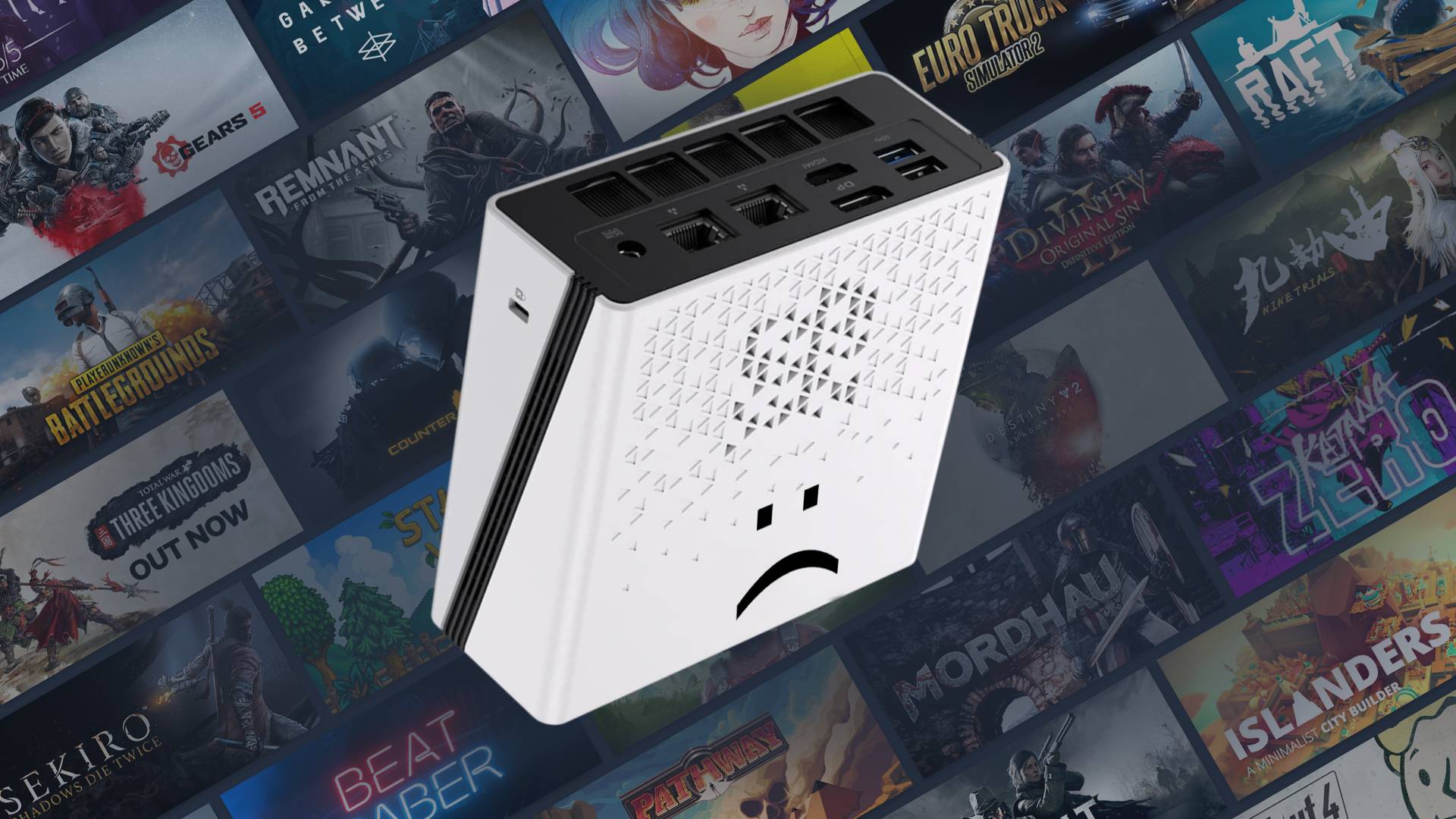 White "Steam Machine clone" with Steam game artwork backdrop.