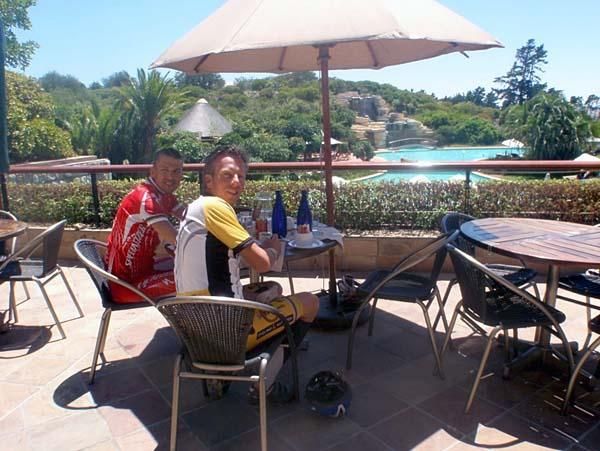 Christoph Sauser enjoys breakfast at the Arabella after a three-hour ride.