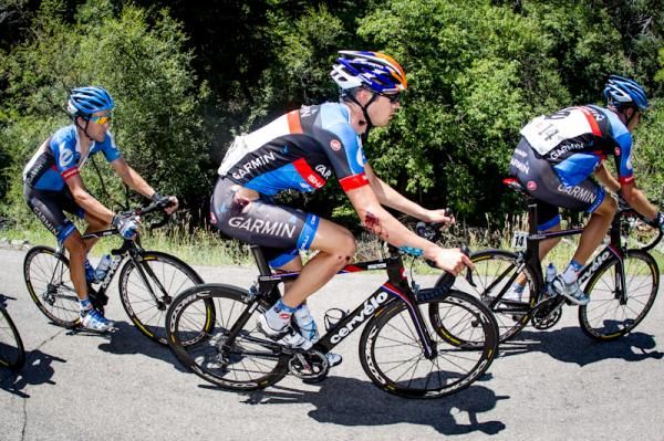Alex Howes (Garmin) works at the front after hitting the deck hard