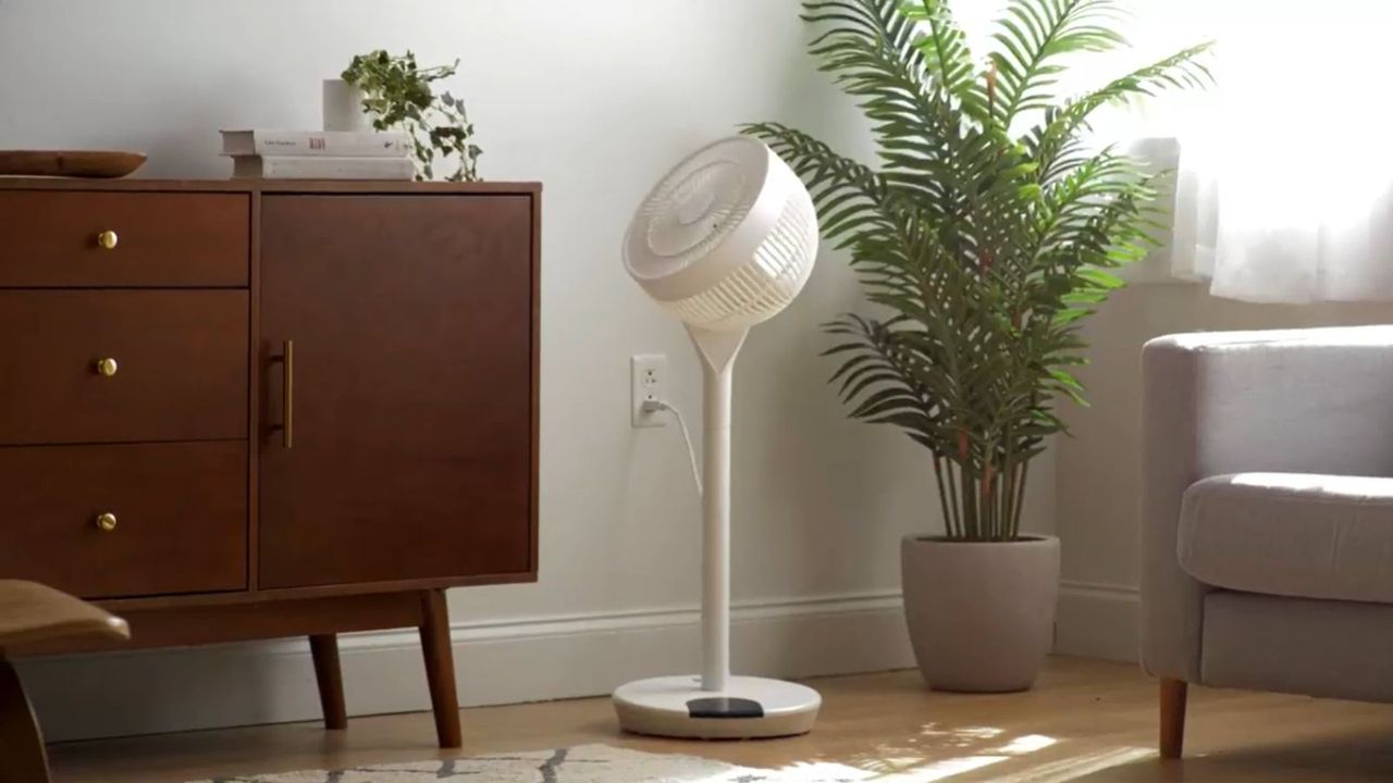 An IRIS USA WOOZOO Pedestal Standing Fan in a modern living room