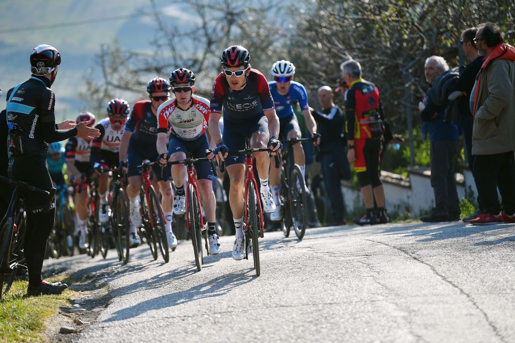 LONGIANO ITALY MARCH 23 LR Eddie Dunbar of Ireland red points jersey and Geraint Thomas of United Kingdom and Team INEOS Grenadiers leads the peloton during the 36th Settimana Internazionale Coppi e Bartali 2022 Stage 2 a 1659km stage from Riccione to Longiano 156m CoppieBartali on March 23 2022 in Longiano Italy Photo by Dario BelingheriGetty Images