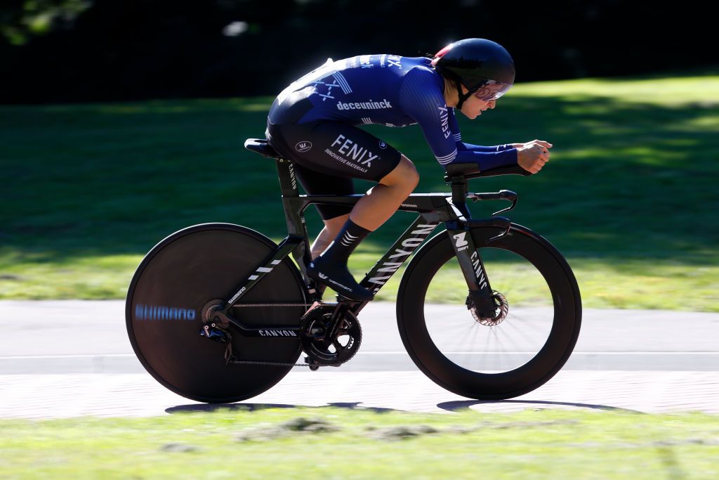 EDE NETHERLANDS SEPTEMBER 05 Christina Schweinberger of Austria and Team FenixDeceuninck sprints during the 25th Simac Ladies Tour 2023 Prologue a 24km individual time trial stage from Ede to Ede UCIWWT on September 05 2023 in Ede Netherlands Photo by Bas CzerwinskiGetty Images