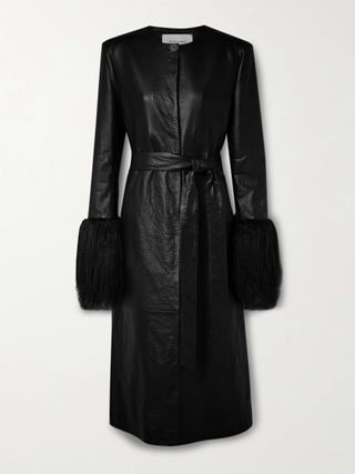 Belted Faux Fur-Trimmed Textured-Leather Coat