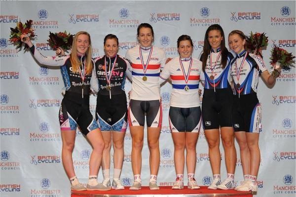 Podium for the Open Women's Madison championship. Hannah Barnes &amp; Corrine Hall (2nd), Dani King &amp; Alex Greenfield and Hannah Mayho &amp; Laura Trott (3rd)