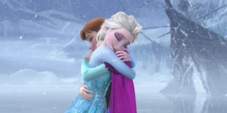 Elsa and Anna hugging in Frozen