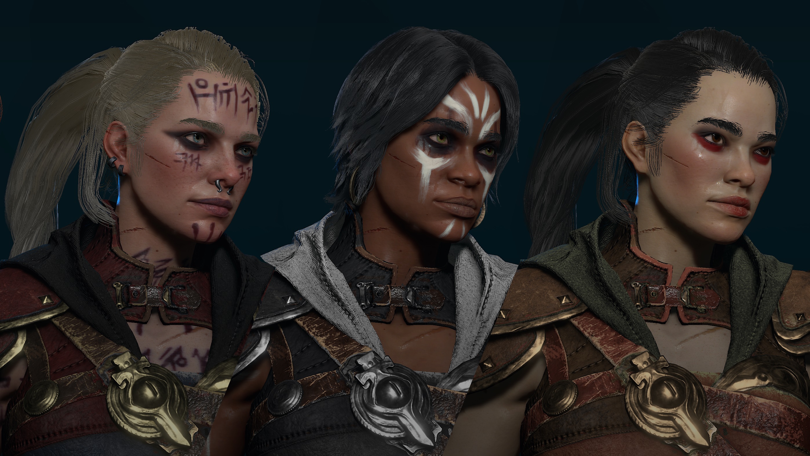 Diablo 4 in development screenshot of three Druid characters with different hairstyles, facial markings, and skin colors.