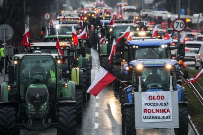 Farmers enter Krakow, Poland, in tractors with Polish national flags during the nationwide farmers' strike on February 20, 2024. The protest is part of the European farmers' protest against the EU Green Deal regulations. Polish farmers also demand a change to the EU agreement with Ukraine regarding the import of agricultural produce to the EU.