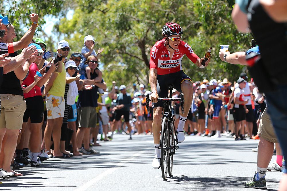 Adam Hansen enjoys a beer on the climb of Willunga Hill