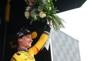 Marianne Vos on the podium at Dwars door Vlaanderen