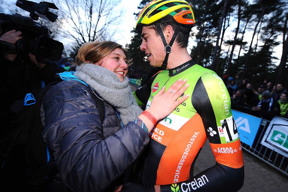 Wout Van Aert celebrates winning the 2016 Belgian championships