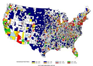 A map showing the change in drug overdose death rates in U.S. counties between 1979 and 2013.
