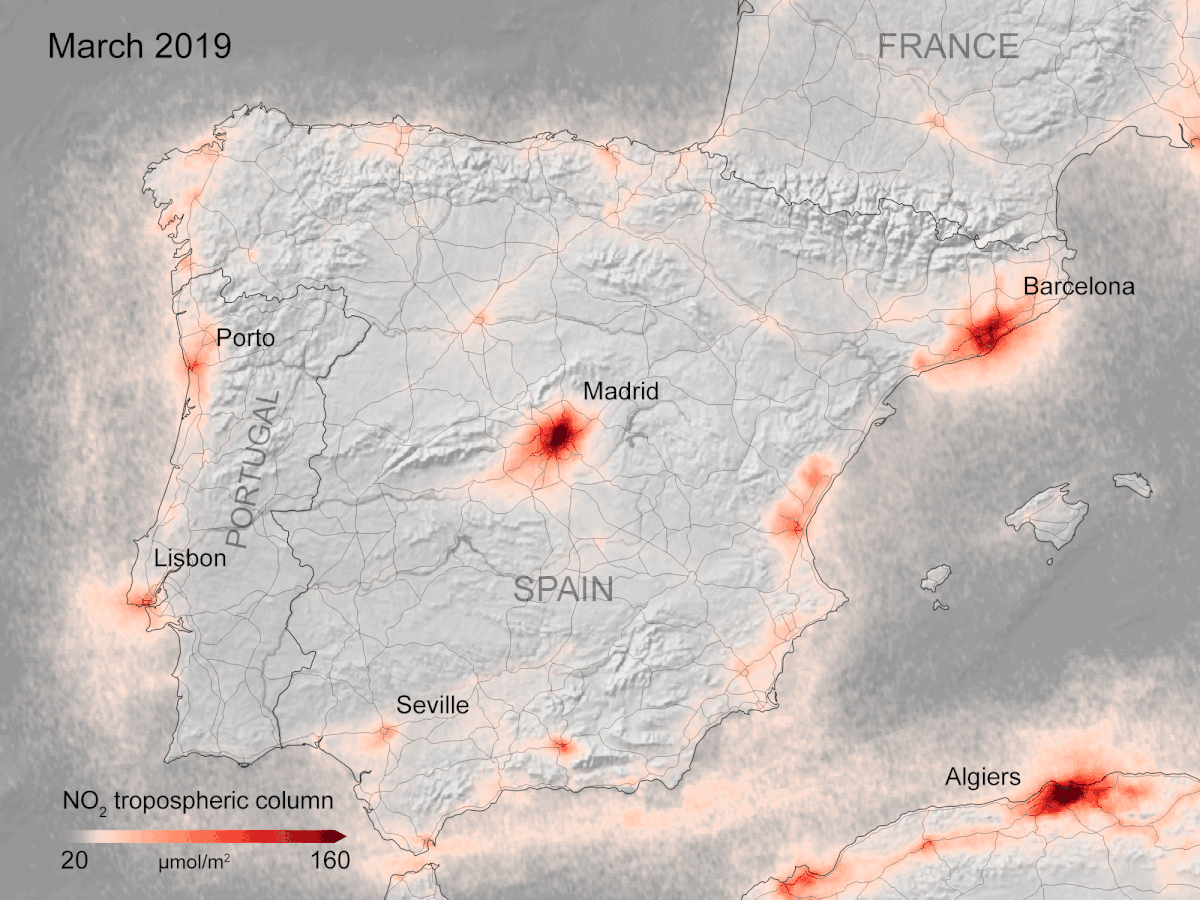 Nitrogen dioxide emissions over Spain compared between a 10-day period this month and the monthly average of March 2019.