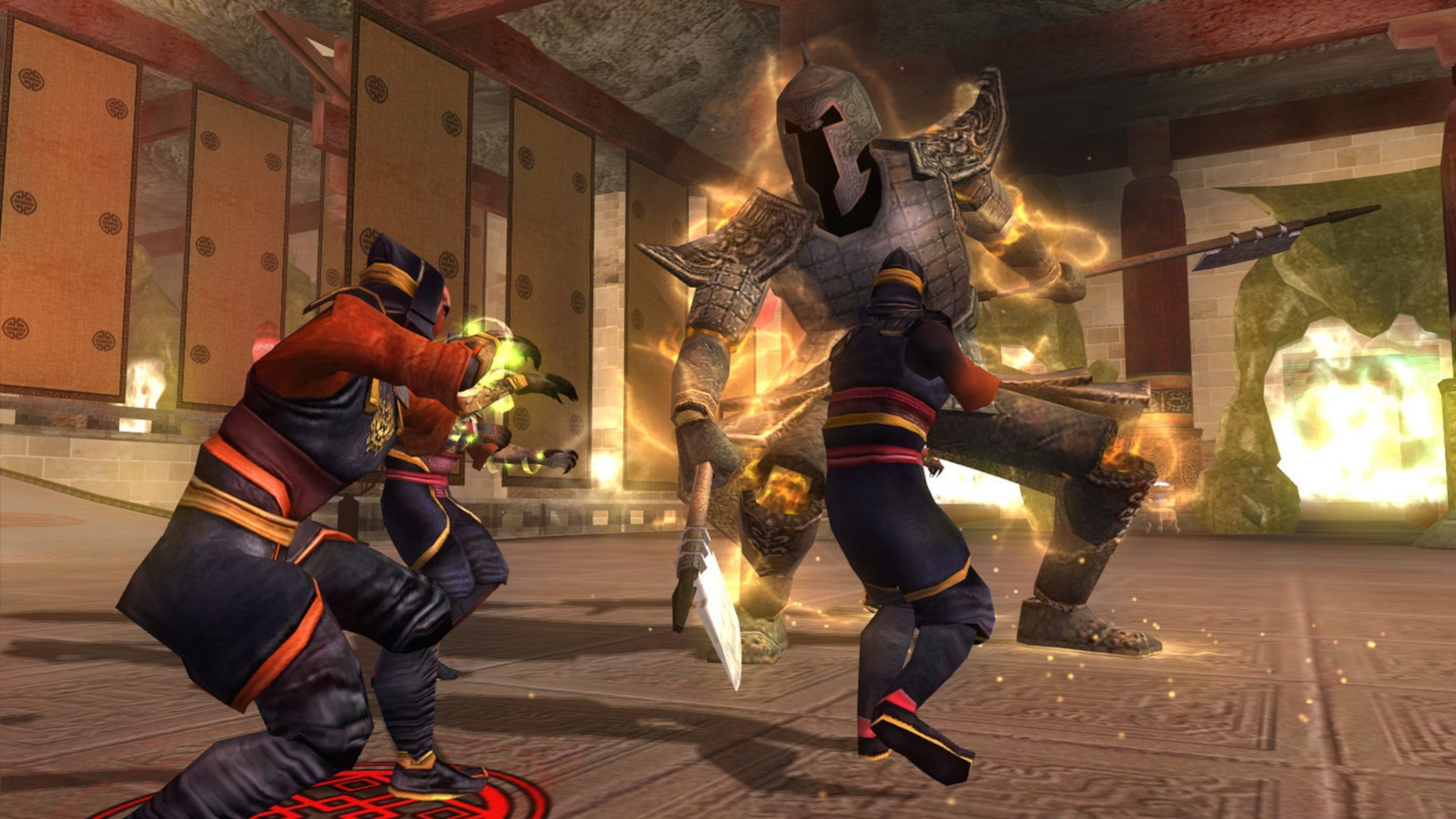 Martial arts masters fight against a big armored enemy in BioWare RPG, Jade Empire