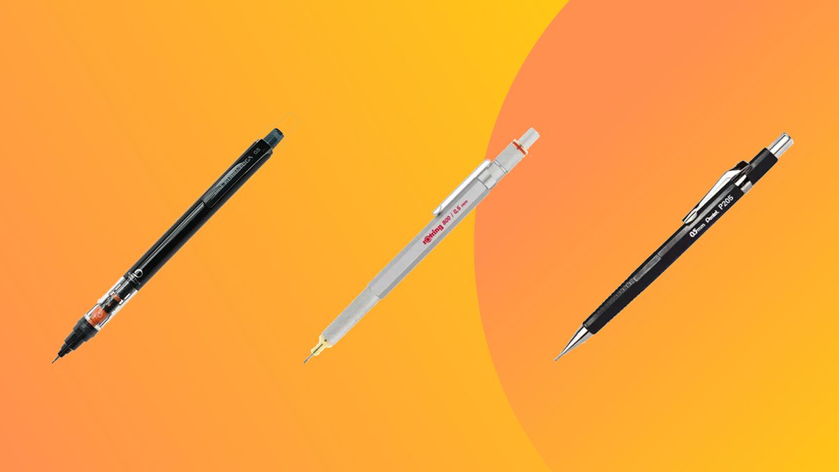 three mechanical pencils on an angle on an orange background