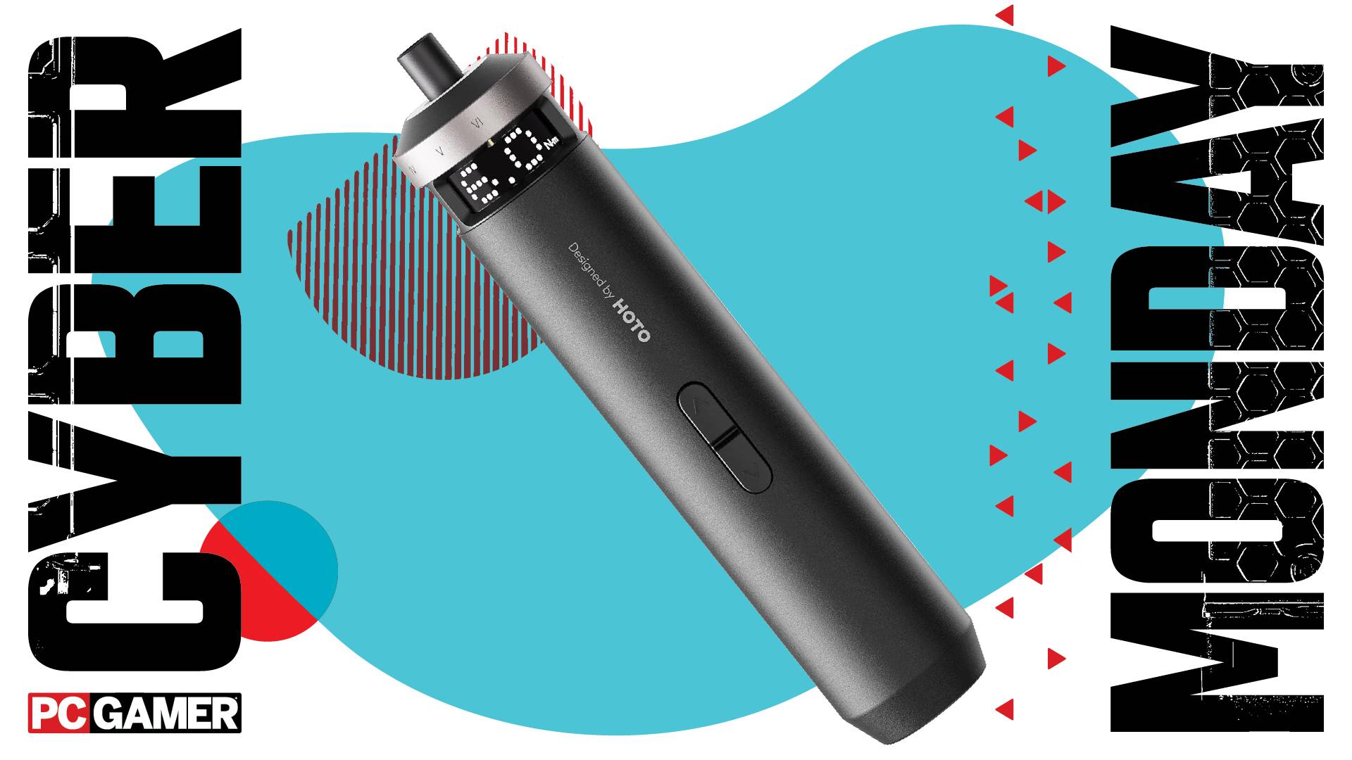 a HOTO Drive electric screwdriver on a Cyber Monday background