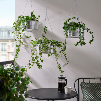 Three IKEA steel hanging planters containing ivy against a white balcony wall.