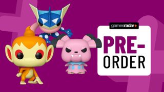 Preorder funko pop pokemon image showing Chimchar, Snubbull and Geninja on purple background 