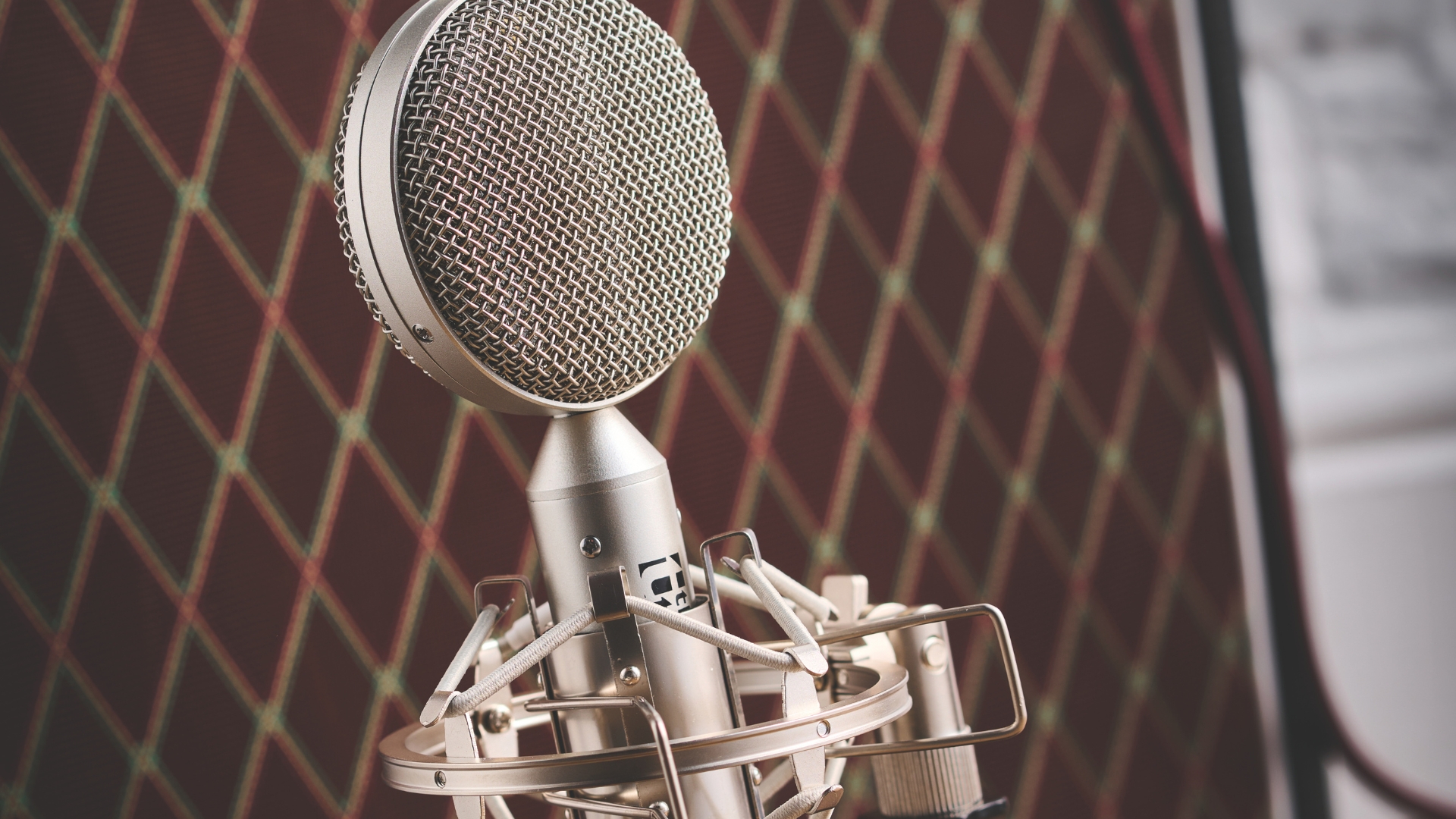 Close up of a t.bone ribbon microphone in front of a guitar amp