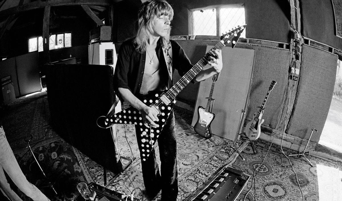 Randy Rhoads, pictured at Ridge Farm Studio in West Sussex, England in May 1980