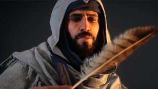 Best Assassin's Creed protagonists: Basim holding a feather during Assassin's Creed Mirage.