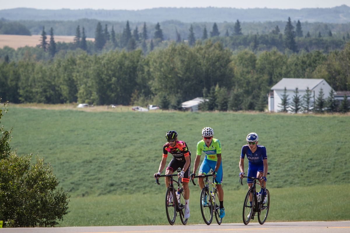 Breakaway riders Bruno Langois (Garneau-Quebecor), Eduardo Estrada (Medellin-Inder) and Alex Cataford (UnitedHealthcare)