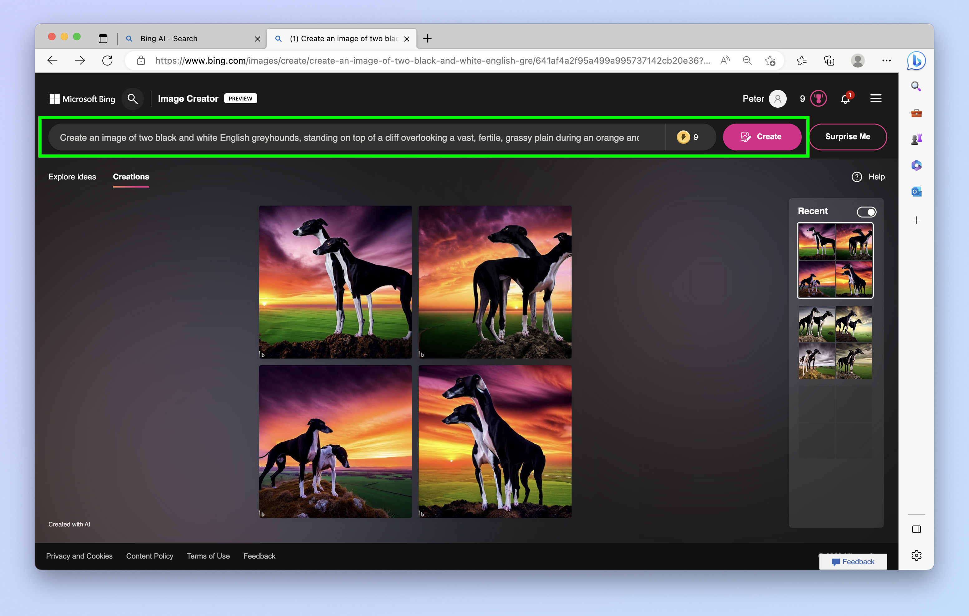 Снимок экрана, показывающий, как использовать Bing Image Creator