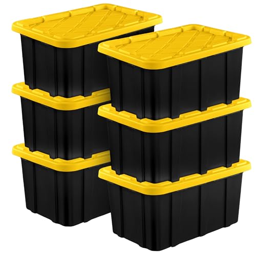 Sterilite 6-Pack Stackable Storage Bins, Heavy Duty Totes W/ Lids, 17 Gallon, Black/yellow
