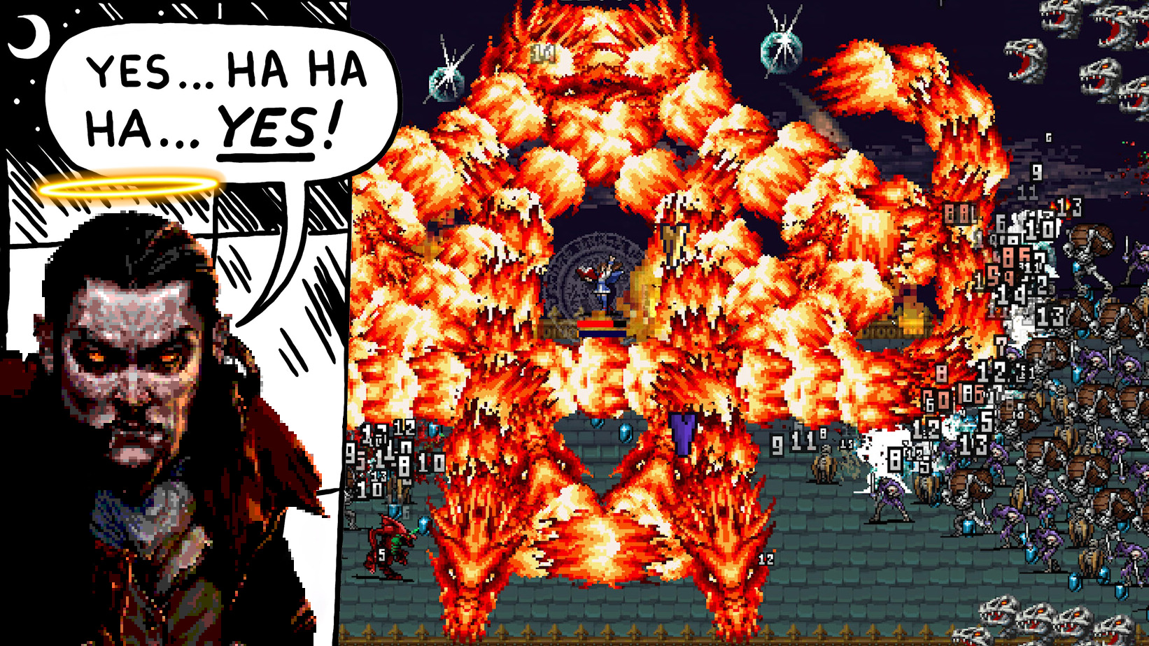Dracula from Vampire Survivors as the Sickos guy, with a halo, looking at a screenshot of what is now classified as a bullet heaven game