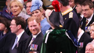 Prince Harry, Duke of Sussex speaks to Princess Anne, Princess Royal during the Coronation