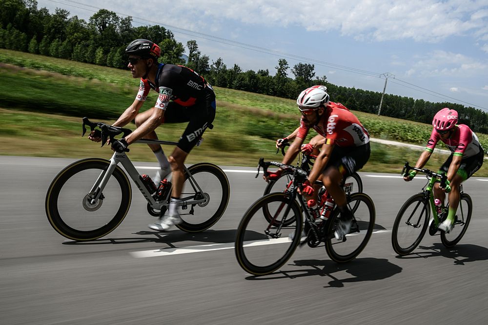 Stage 13 breakaway at the Tour de France: Thomas de Gendt (Lotto Soudal), Thomas Scully (EF Education First-Drapac), Michael Sch&auml;r (BMC Racing) and Dimitri Claeys (Cofidis, Solutions Credits)