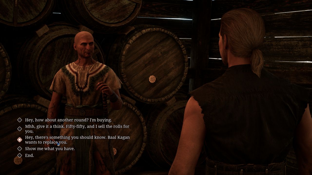 Gothic Remake New Camp: A player speaking to Baal Isidro in the tavern, with multiple dialogue options.