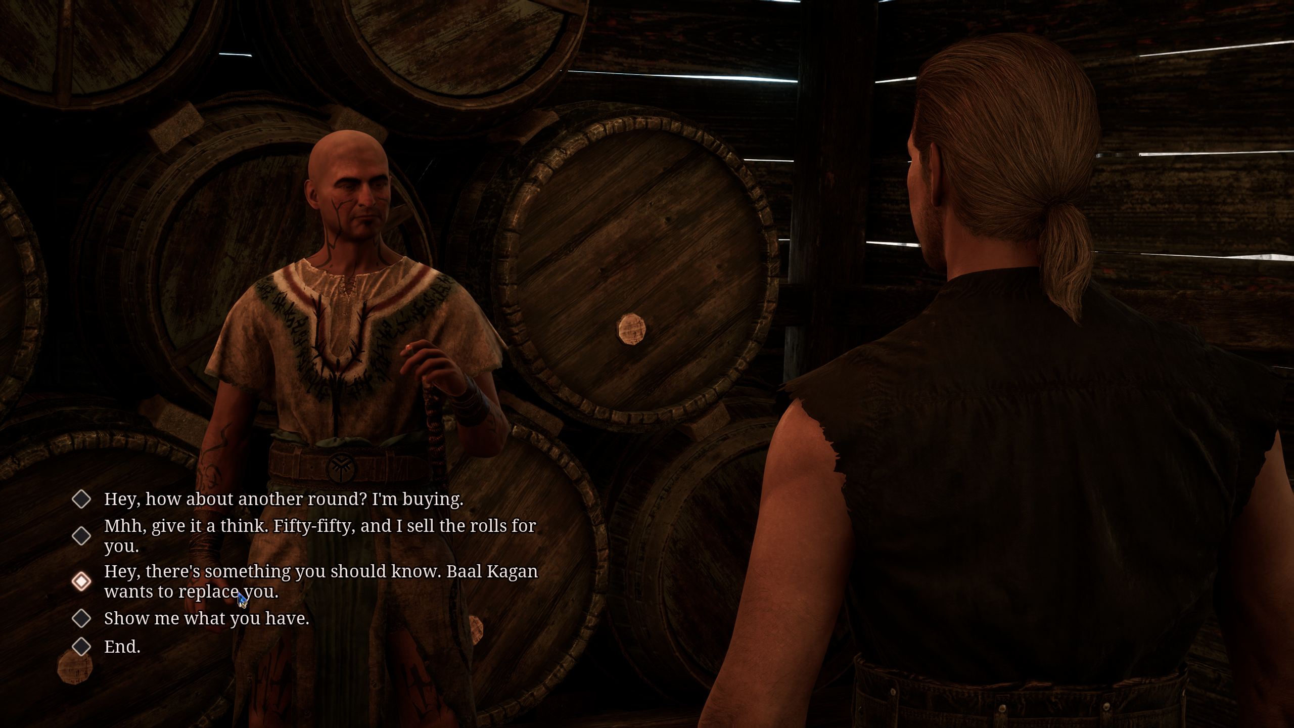Gothic Remake New Camp: A player speaking to Baal Isidro in the tavern, with multiple dialogue options.