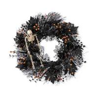 Glitzhome 24 in. D Black Rose, Skeleton and Berry Halloween Wreath