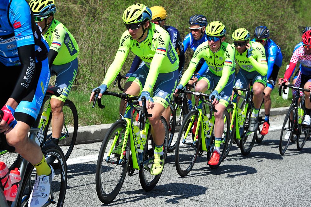 Tinkoff riders in the peloton