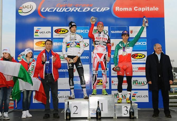 Elite men's podium at the 2013 'cross World Cup round in Rome, Italy (L-R): Niels Albert, Kevin Pauwels and Marco Aurelio Fontana
